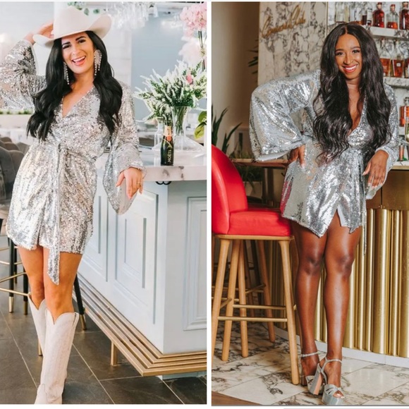 Buddy Love Lynlee Silver Sequin Wrap Dress - Picture 1 of 14